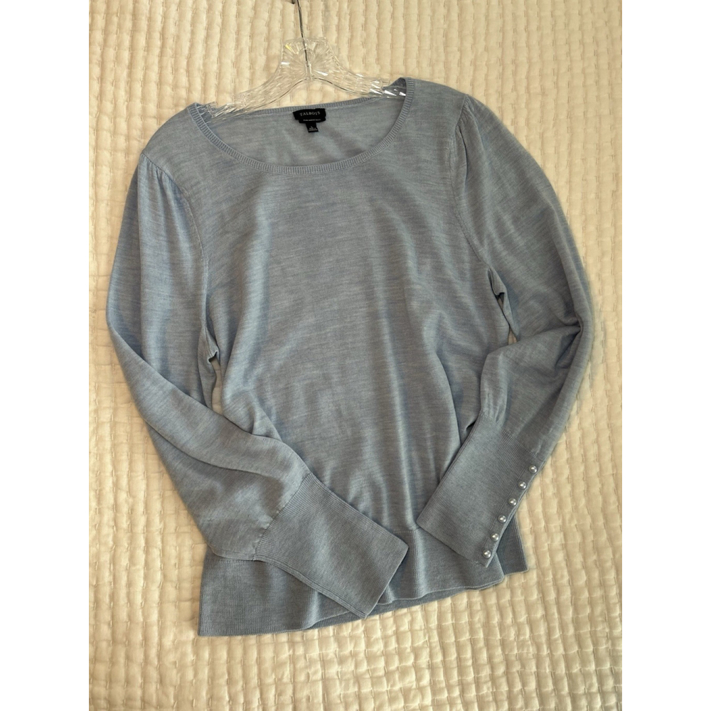 Talbots Sweater Merino Wool Light Blue Pearl Button Cuffs Sz Large